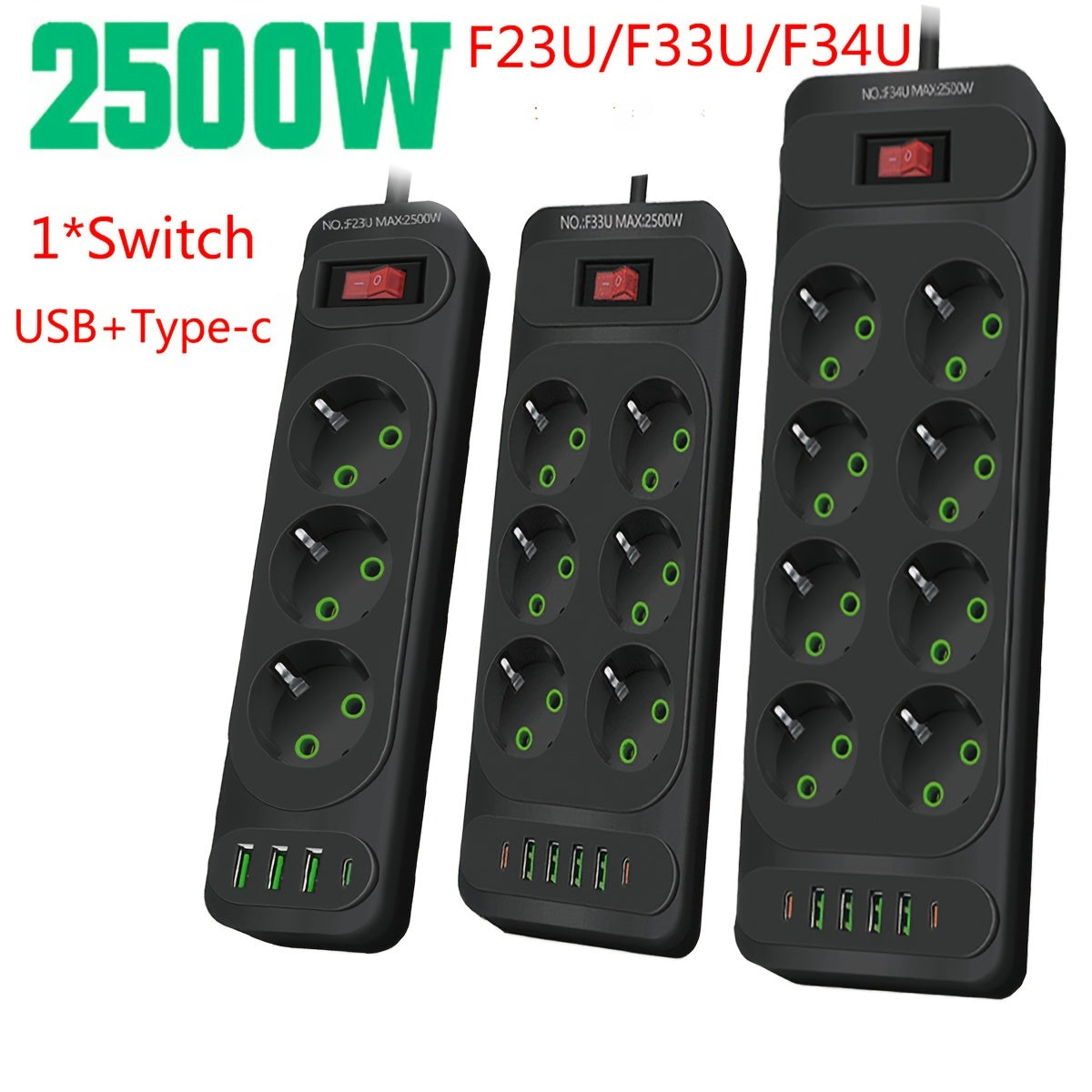 Премиальный защитный удлинитель с 8 розетками для переменного тока, 4 USB-портами, 2 Type-C, удлинитель на 2500 Вт