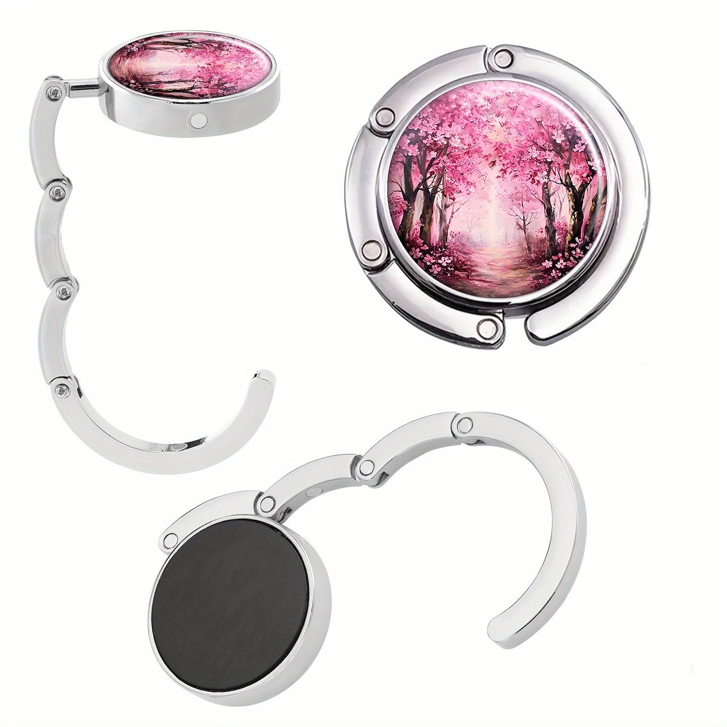 Perchero portátil para bolso con diseño de bosque de cerezos en flor rosa, plegable, magnético, de aleación de zinc