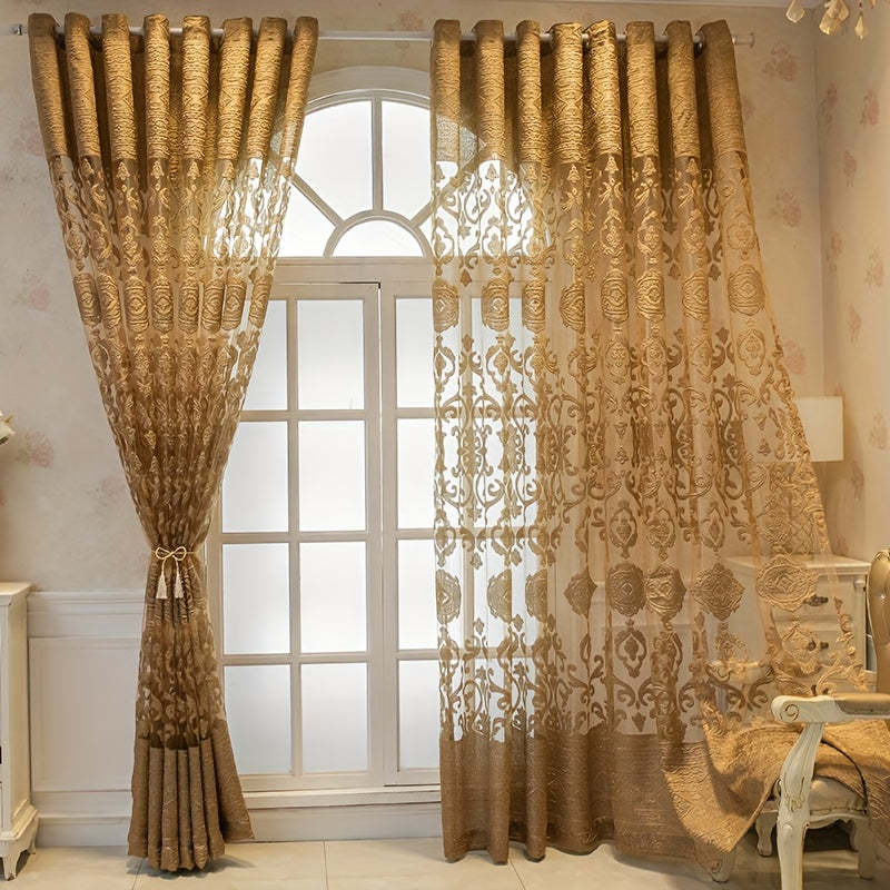 Set of 2 Golden Jacquard Curtains Grommet Top for Living Room Bedroom Office