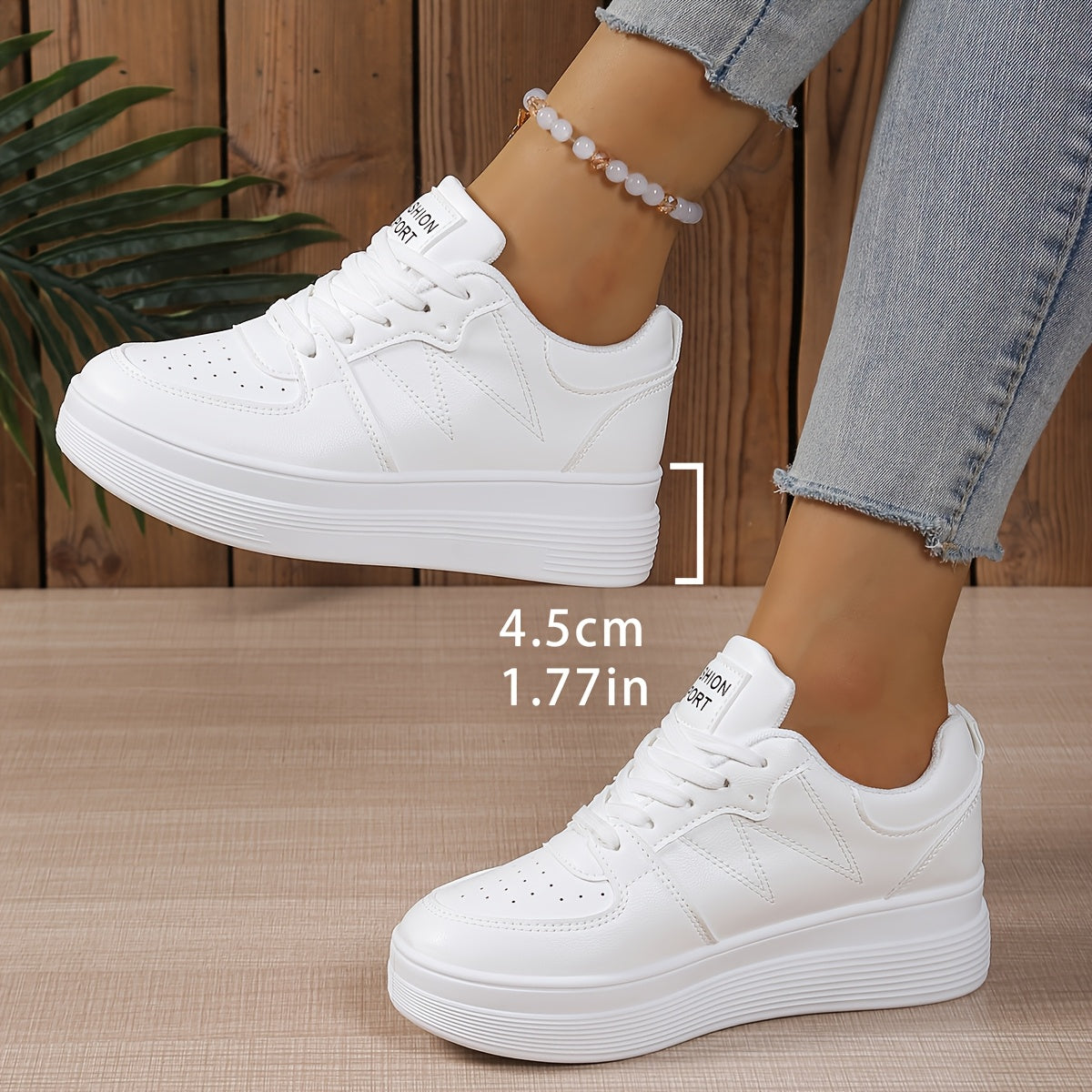 Women's White Low-Top Lace-Up Sneakers Casual Breathable Fabric Rubber Sole