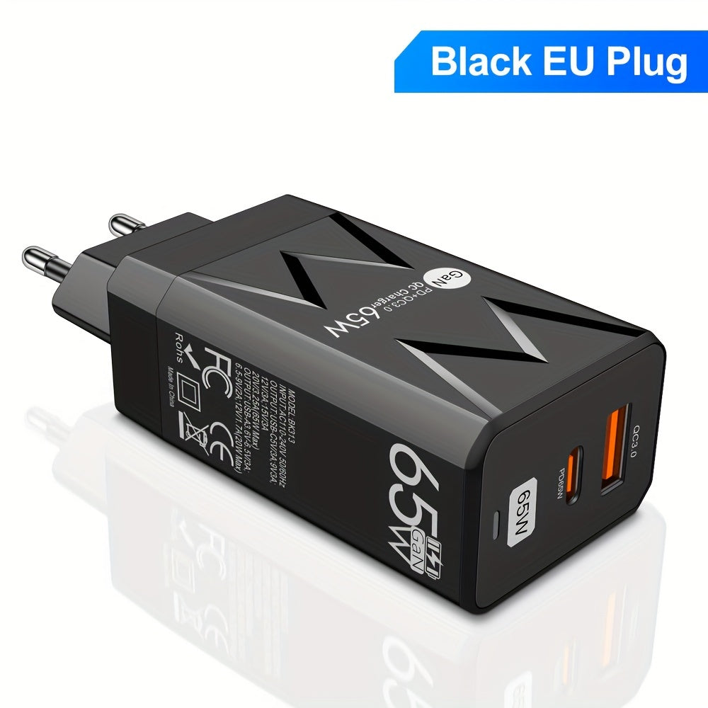 65W PD and 20W USB GaN Wall Charger EU Plug Fast Charging Portable Travel Power Adapter