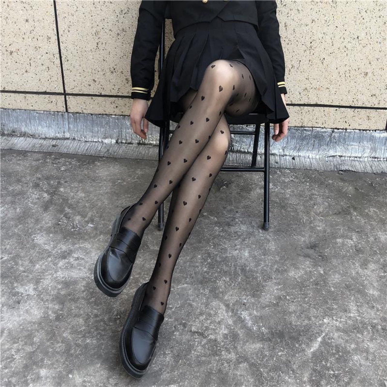 Women's Black Sheer Polka Dot Heart Mesh Tights Polyamide Polyester Knit