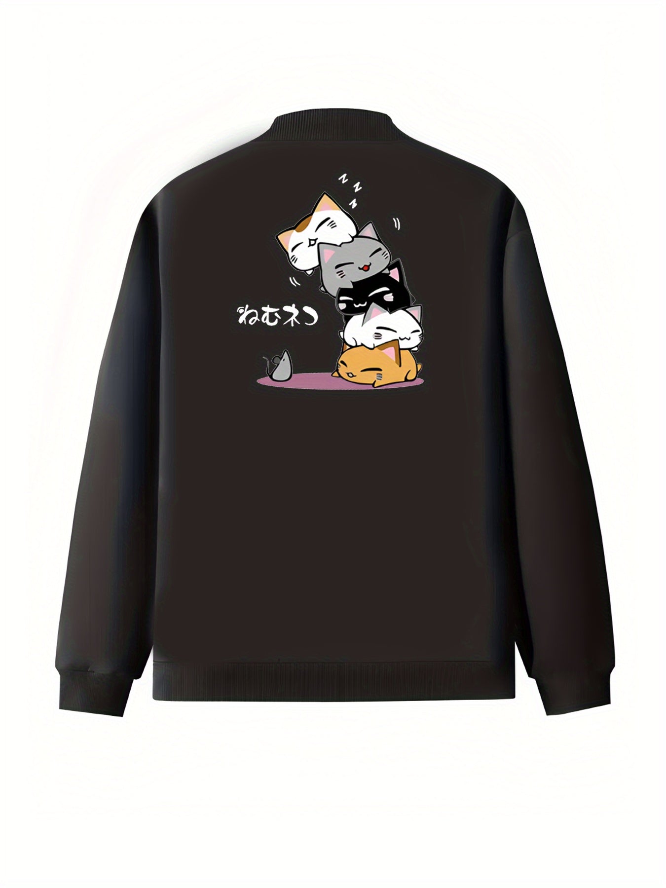 Plus Size Women's Casual Black Cat Print Baseball Collar Jacket with Pockets