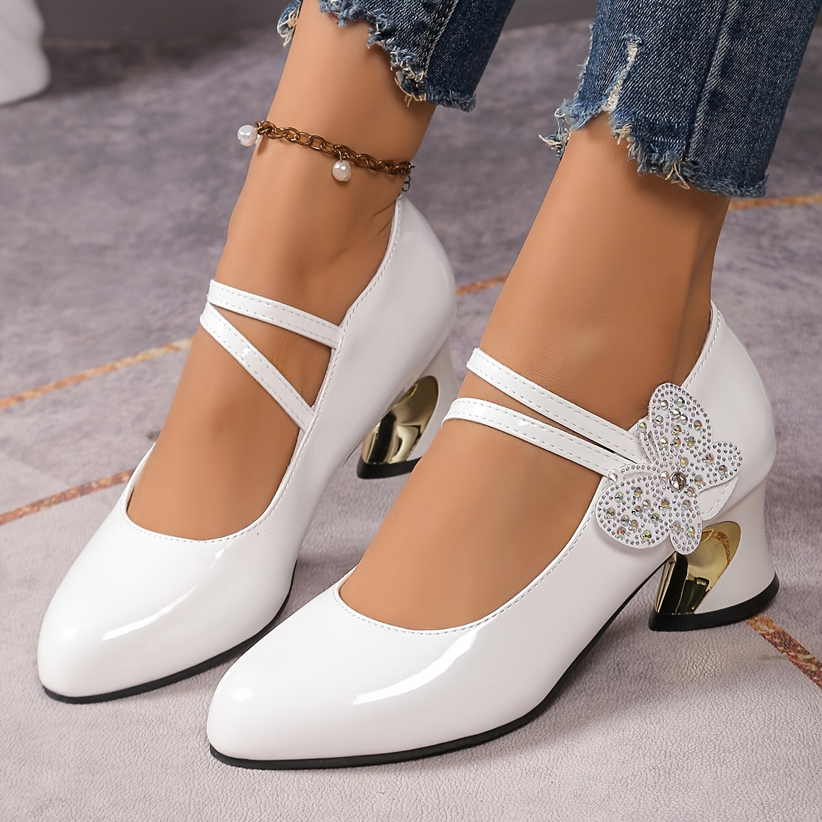 Women Black High Heel Pumps Sparkling Bow Durable Polyurethane