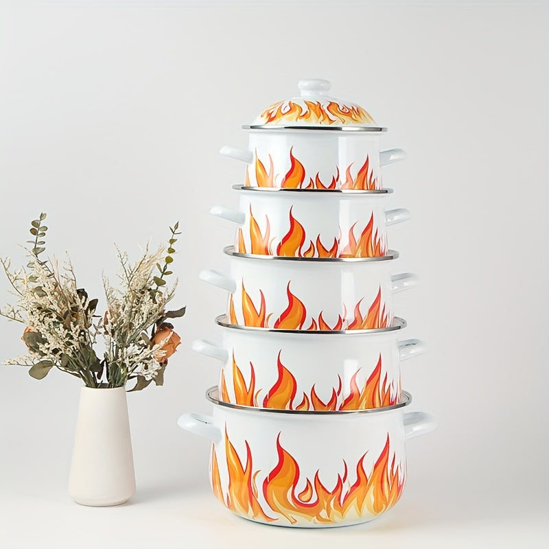 Enamel Cookware Set 5 Pieces Blue Floral Stackable Pots and Pans Kitchen