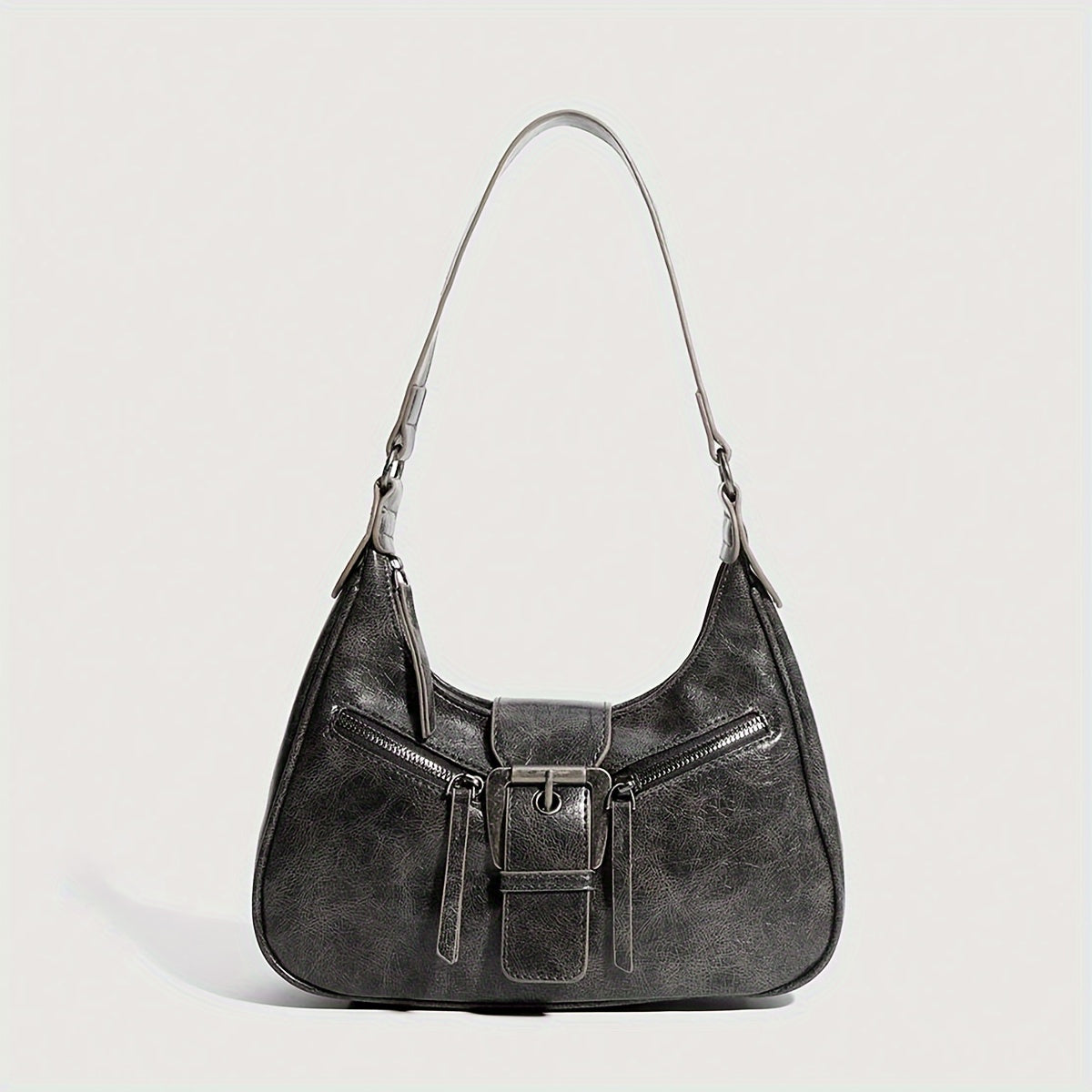 Y2K Punk uslubidagi vintage mototsikl yelka sumkasi ayollar uchun, qora kulrang sintetik charm, sozlanadigan tasma va zip yopilishi bilan