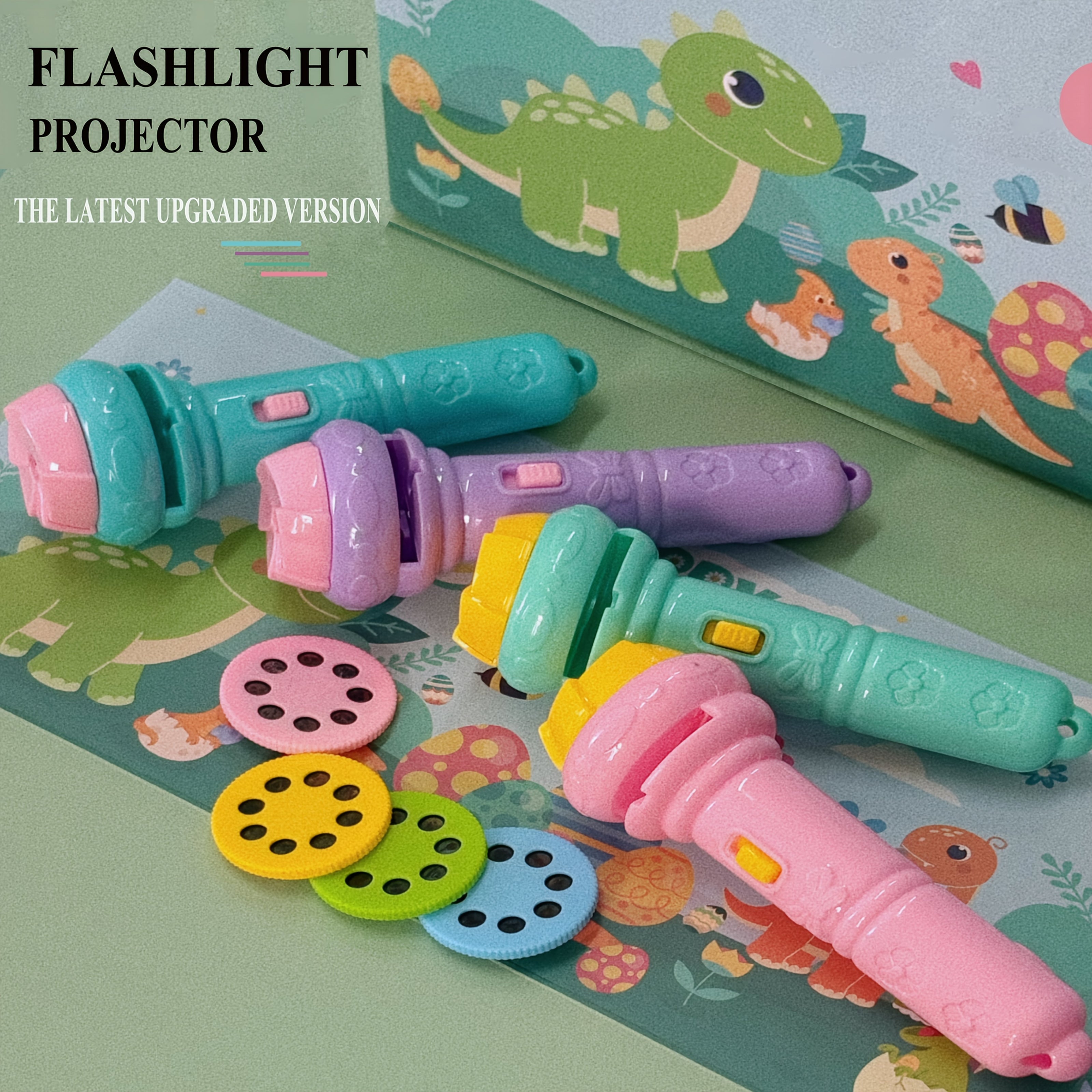 Educational Toy Projector Flashlight for Kids with 32 Dinosaur Animal Fruit Designs in Pink Purple Green Blue