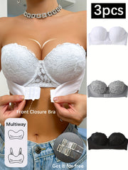 Women's Lace Strapless Push-Up Bras in White Gray Black with Front Closure