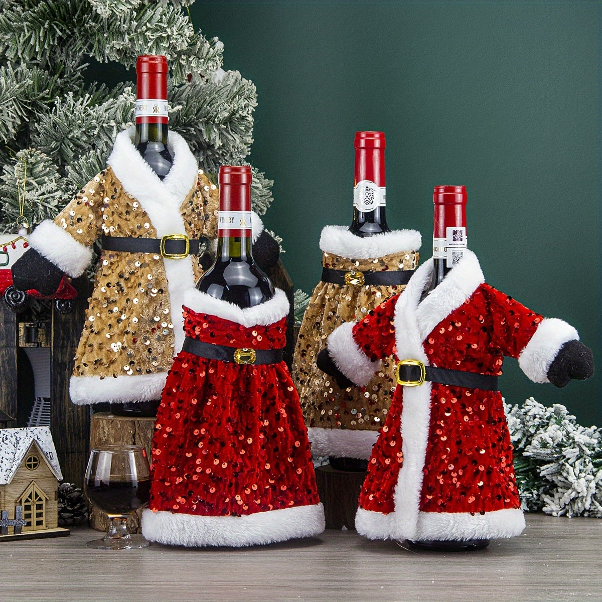 Set of 2 Festive Christmas Wine Bottle Covers with Sequined Attire Plush Hats Leak-Proof Sweater