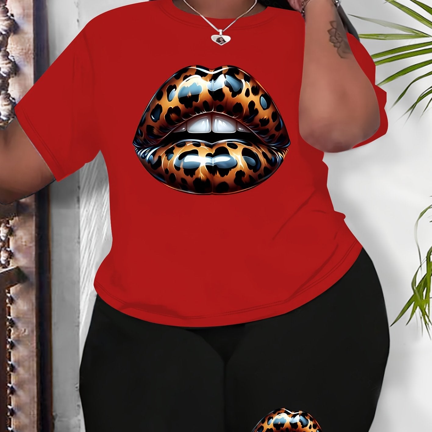 Women Plus Size Leopard Lip Print Casual Black Sportswear Set