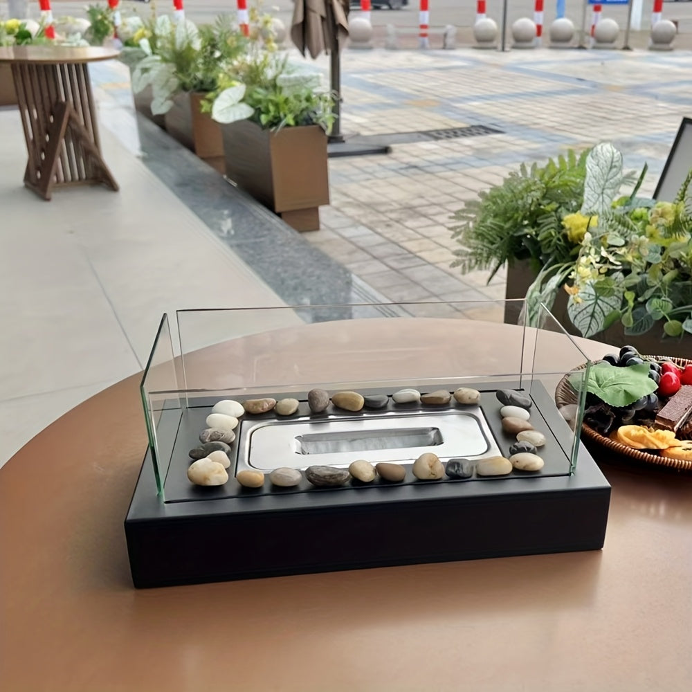 Portable Outdoor Fireplace Black Rectangular Four-Panel Glass Tabletop Heating for Courtyard Balcony Camping
