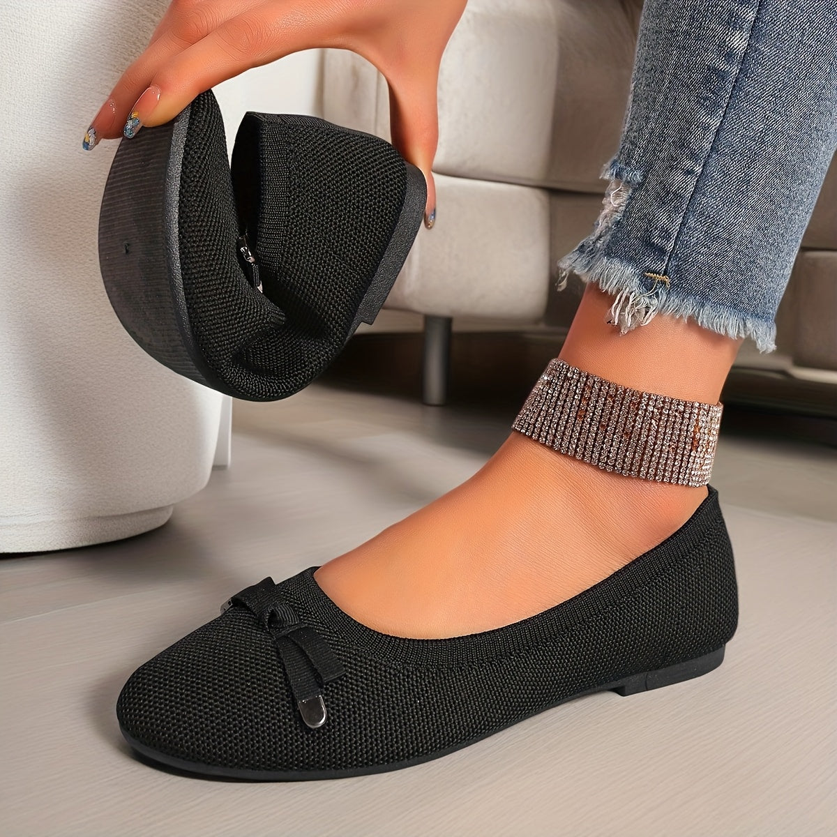 Women’s Casual Ballet Flats Soft Knit Fabric Round Toe Slip-Ons