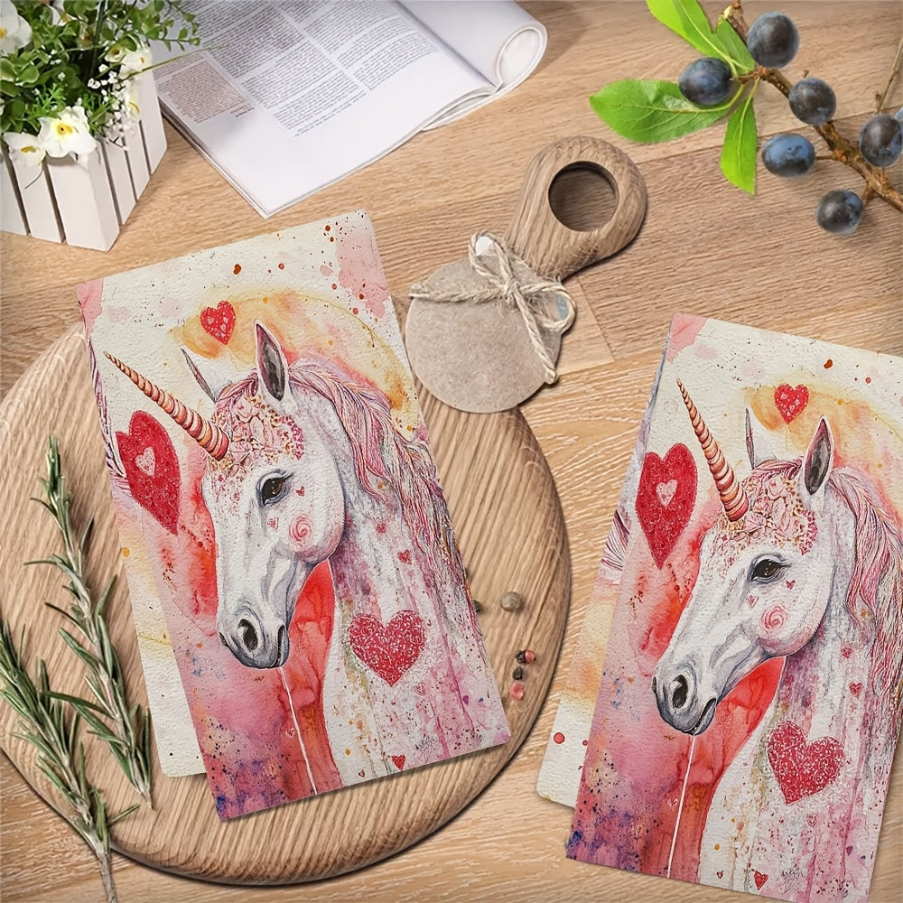 Set of 2 Unicorn Kitchen Towels Love Theme Ultra Absorbent 40x60 cm