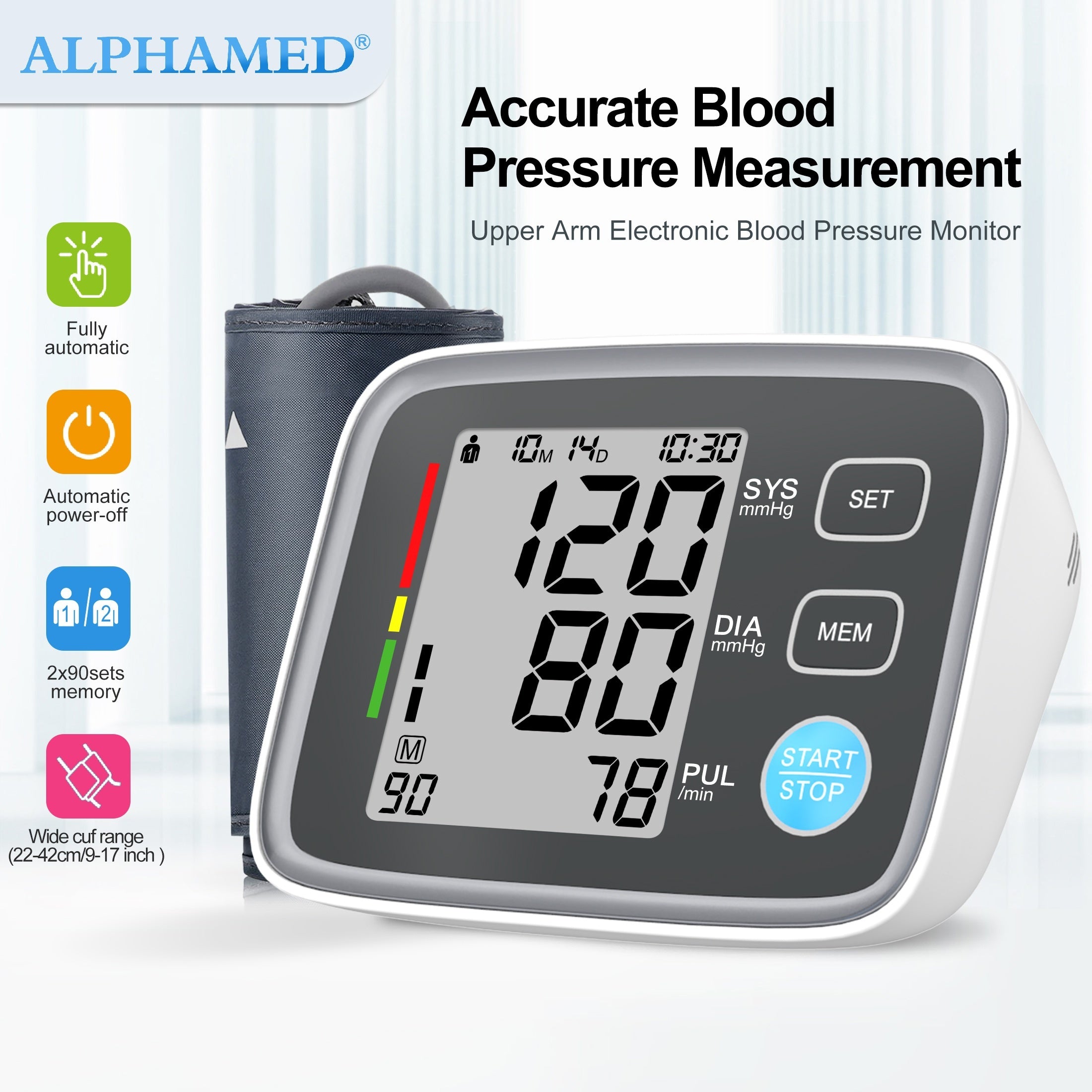 Automatic Upper Arm Blood Pressure Monitor with 22.1-43.18 cm Cuff Digital BP Machine Battery Powered