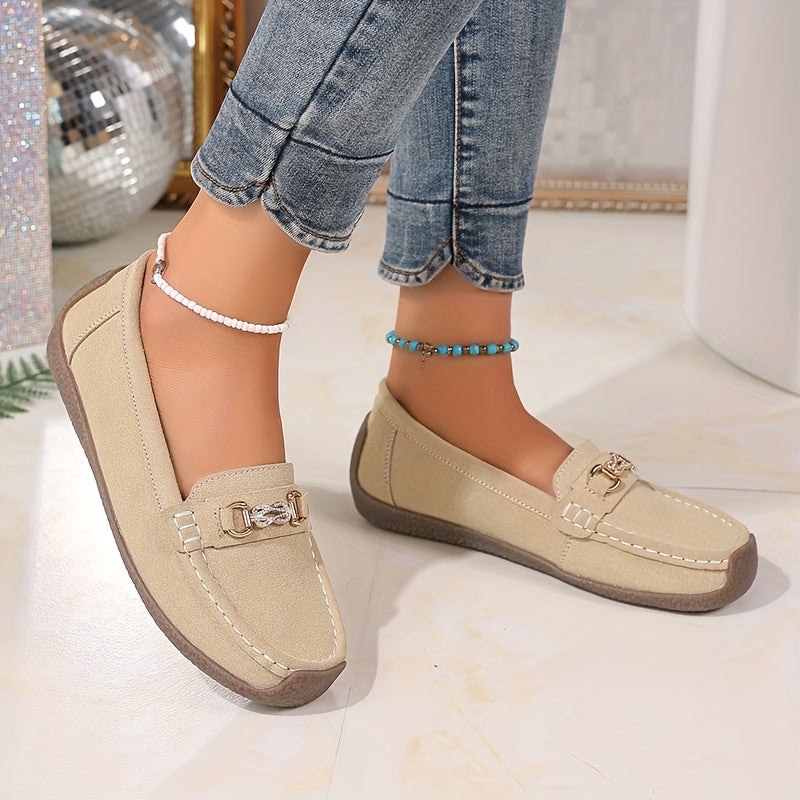 Women's Slip-On Loafers Leather Casual Flats with Metallic Buckle Black Brown Beige