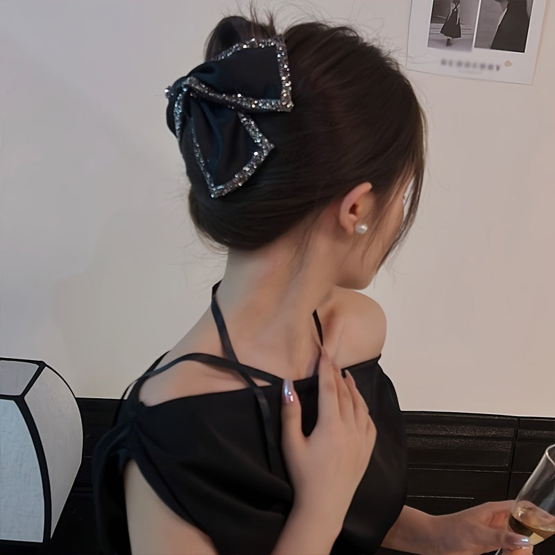 Qora satindan tayanchli soch klipi, rhinestones bilan bezatilgan akril shark klipi, ayollar uchun