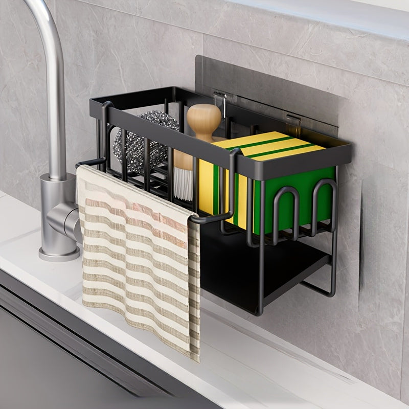 Organizador de fregadero de cocina con soporte para toallas, soporte para esponjas de metal, soporte para jabón y drenaje automático