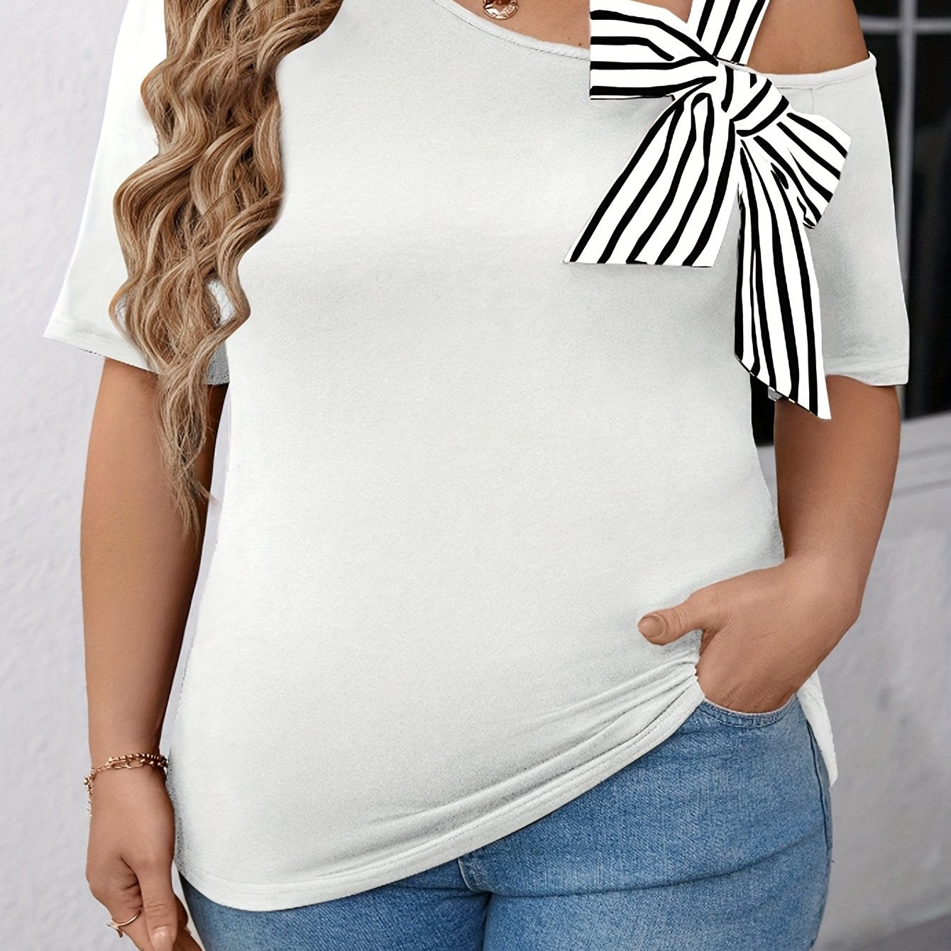 Plus Size Women's Black Asymmetrical One-Shoulder T-Shirt with Bow