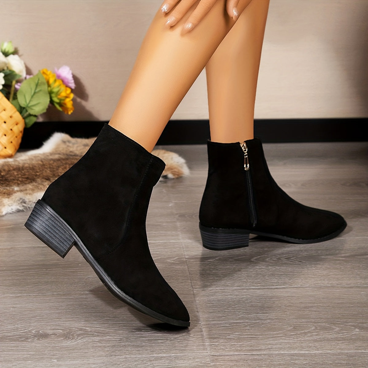 Women Solid Color Casual Ankle Boots Pointed Toe Zipper Block Heel