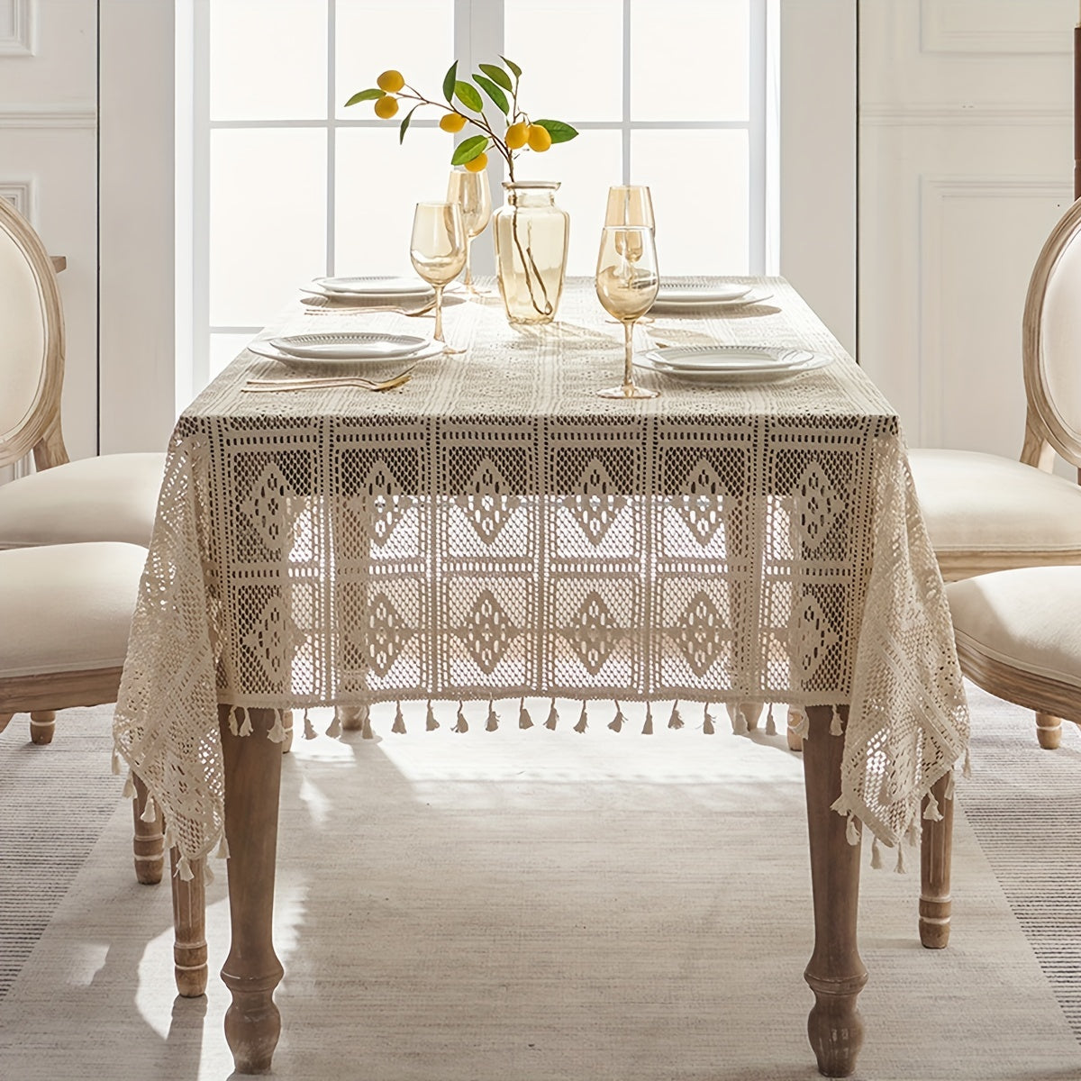 Beige Crochet Tablecloth with Tassels for Home and Party Table Settings