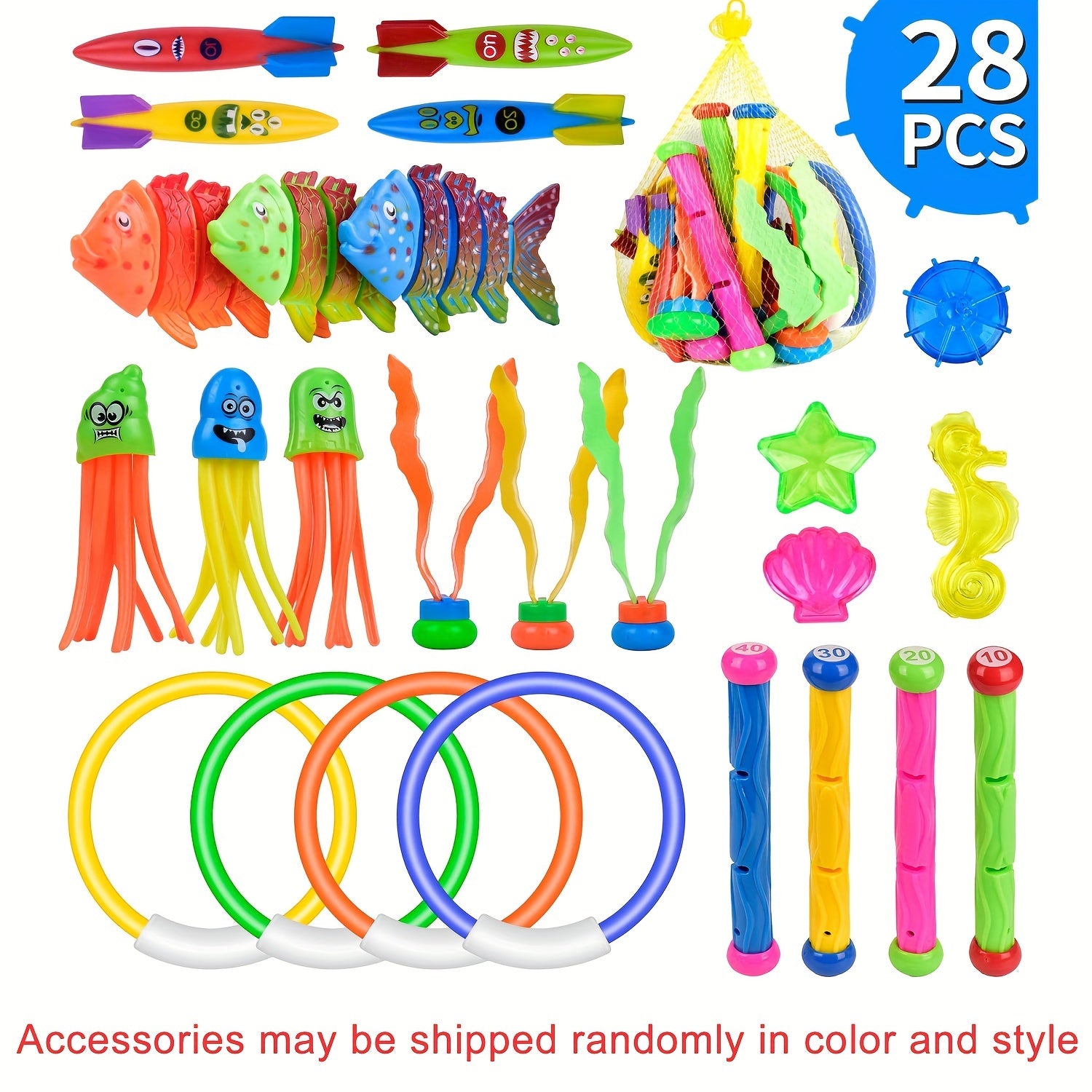 Children's Pool Toy Set with Underwater Swim Games PVC Beach Dive Sticks Rings and Treasure Toys