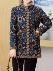Vintage Quilted Jacket with Pom-Pom Fringe Stand Collar Long Sleeve Floral Pattern