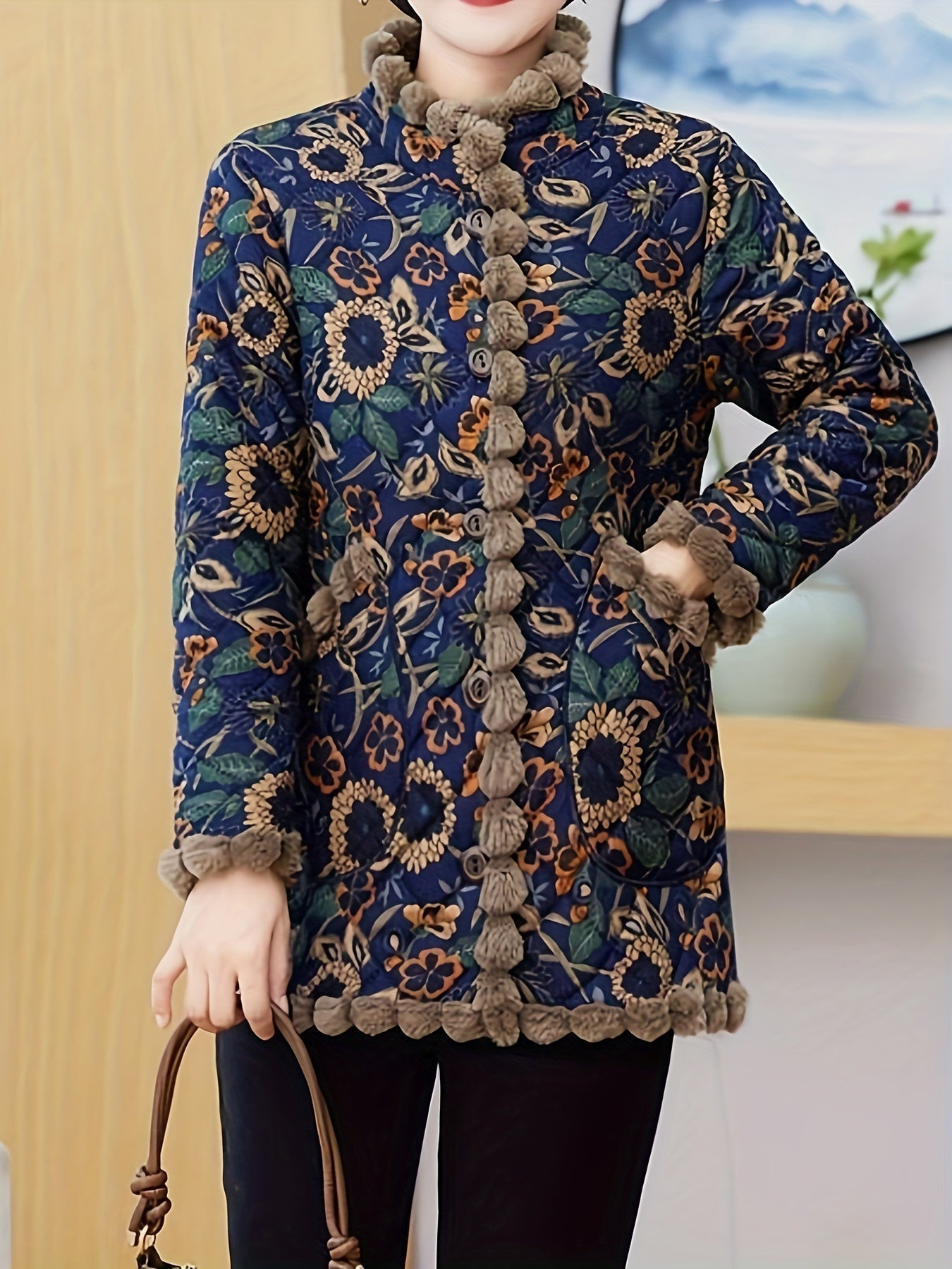Vintage Quilted Jacket with Pom-Pom Fringe Stand Collar Long Sleeve Floral Pattern