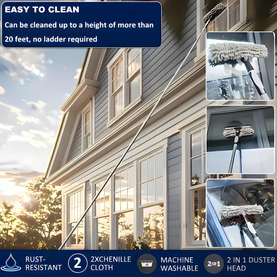 Deraza tozalash to'plami, yuvish vositasi, squeegee, mikroto'qima mato, zanglamas po'latdan yasalgan tutqich, rezina bosh va 59.74 metrga yetadigan masofa, 5 rangda mavjud. Elektr energiyasi talab qilinmaydi.