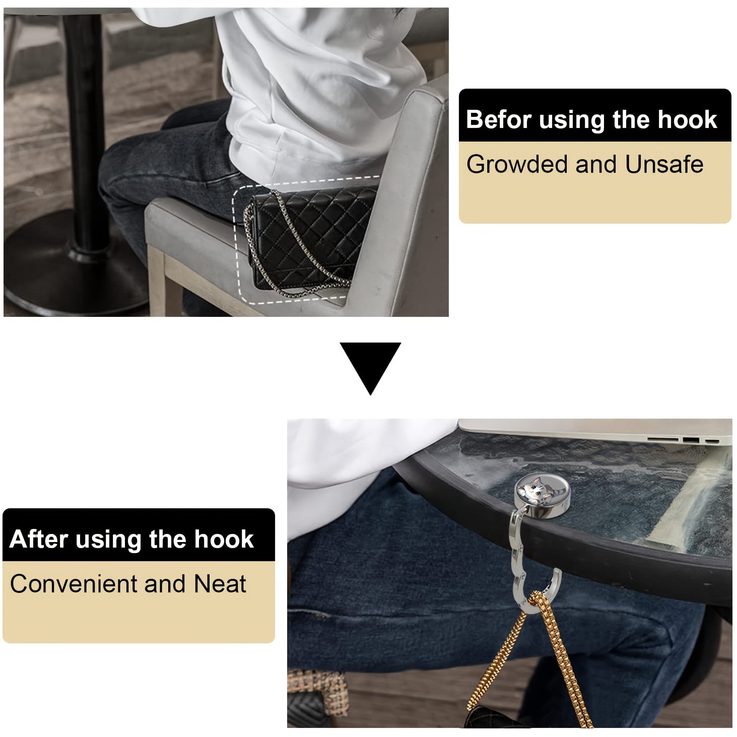 Портативные крючки для сумок из элегантного цинкового сплава, с милым дизайном кота и складным держателем для сумок. Идеально подходит для путешествий, Хэллоуина, Рождества и как уникальная идея для подарка.