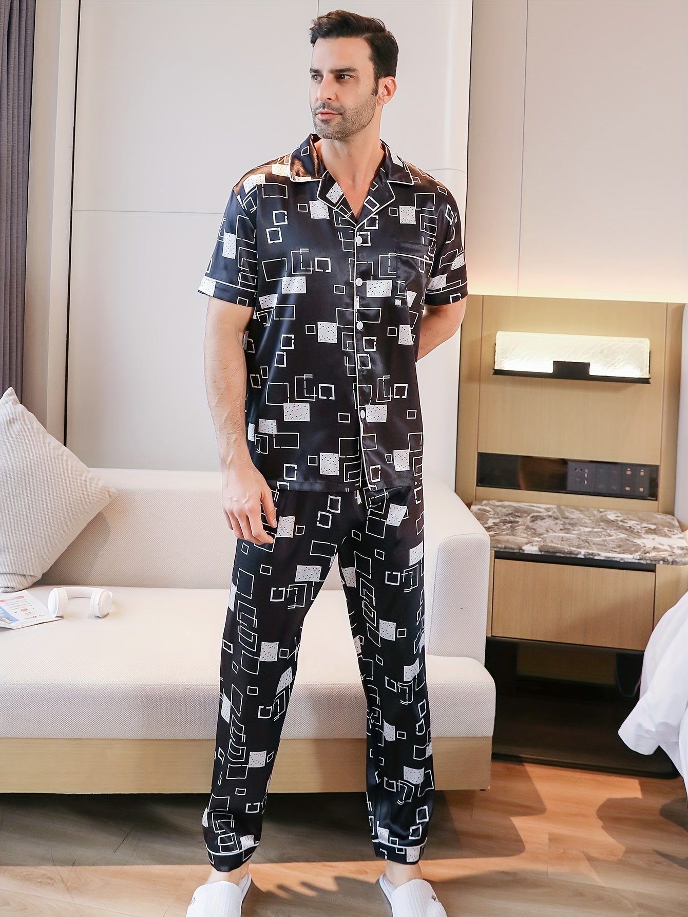 Men's Summer Pajama Set Short Sleeve Shorts Long Pants Geometric Print Cotton Blend