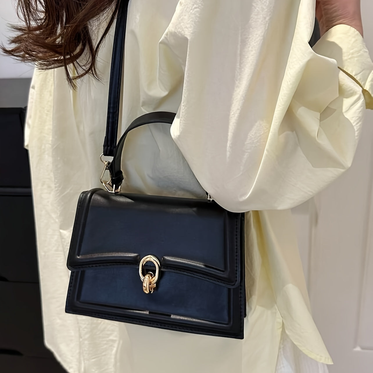 Women's Black Synthetic Leather Handbag with Retro Flap and Gold Hardware