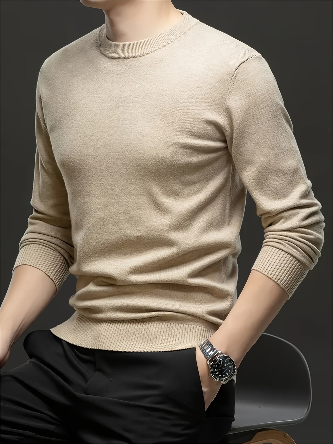 Мужской свитер с круглым вырезом из кашемира большого размера для осени и зимы, с высокой эластичностью, мягкий вязаный