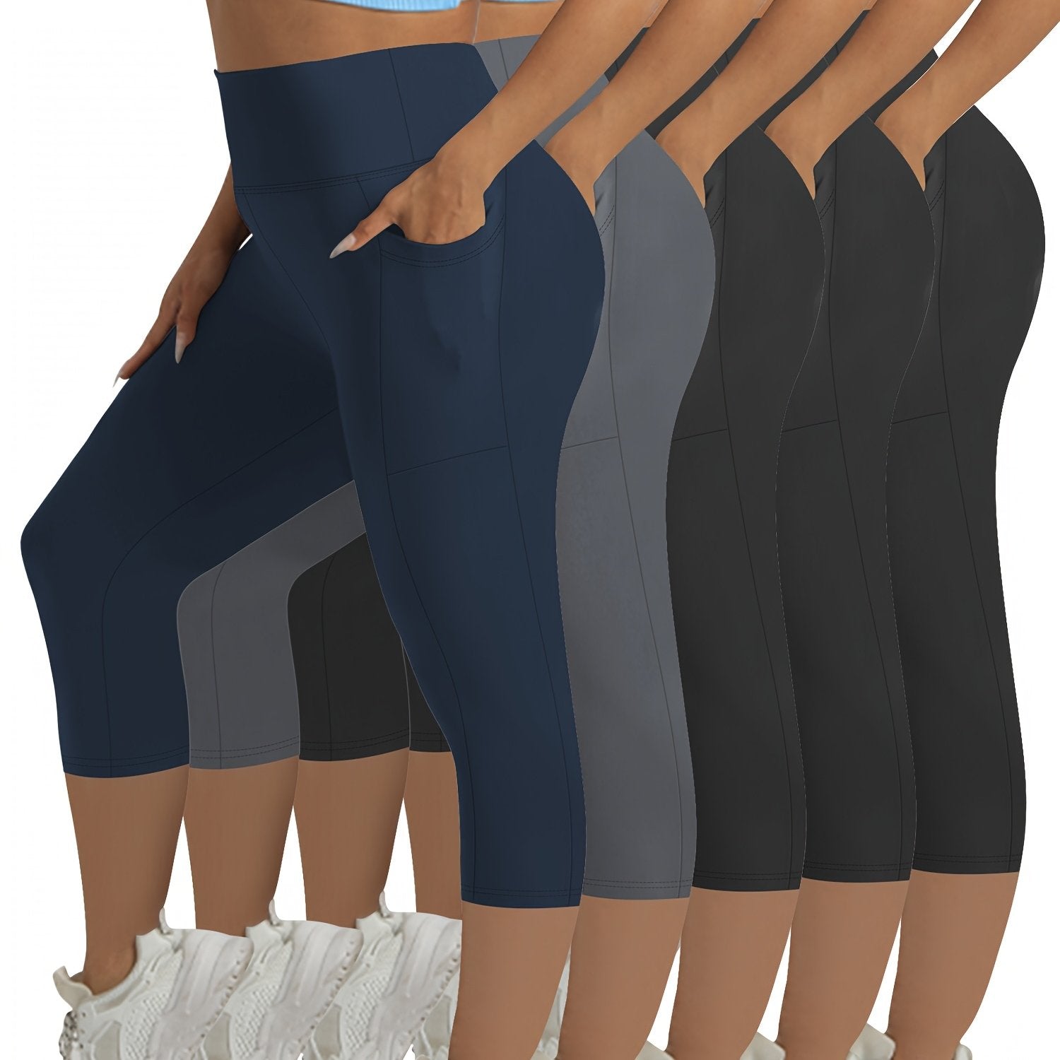 Women's High-Waisted Tummy Control Capri Leggings with Pockets, 4-Way Stretch