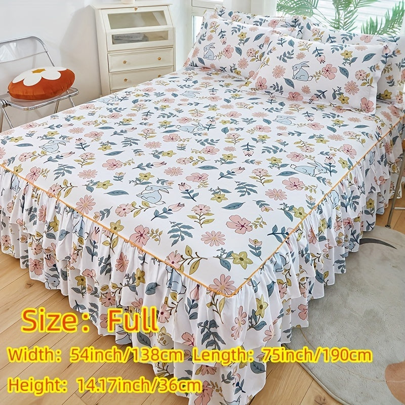 Three-Piece Macrame Bed Skirt Set with Flower Print Non-Slip Bedding for All Seasons