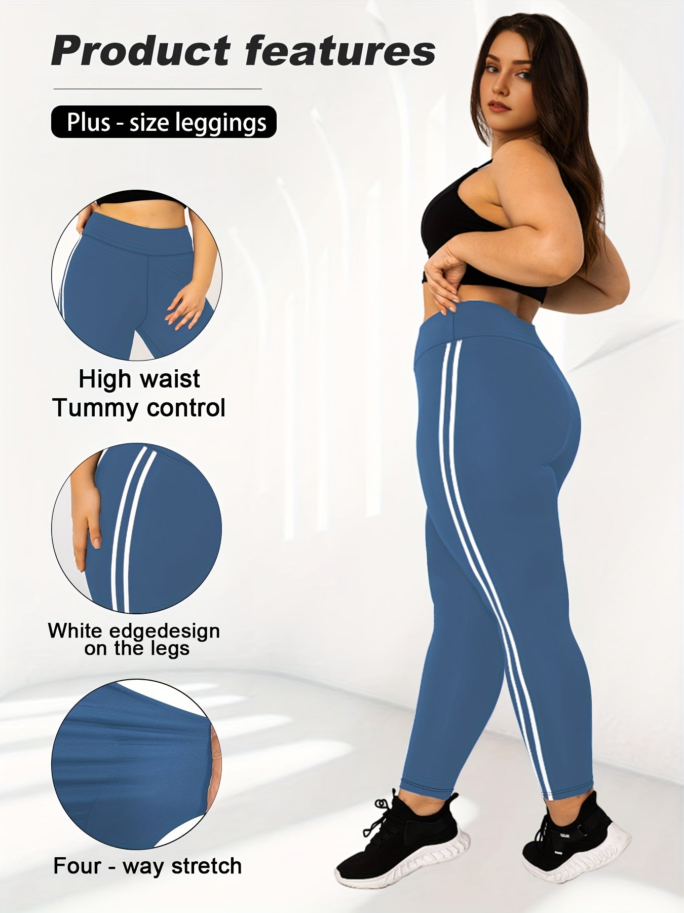 Women's Plus Size High-Waisted Cropped Leggings with Side Stripes Black Blue