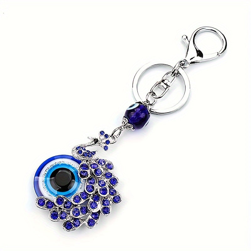 Blue Evil Eye Keychain with Rhinestone Peacock Design Alloy Bag Charm for Women