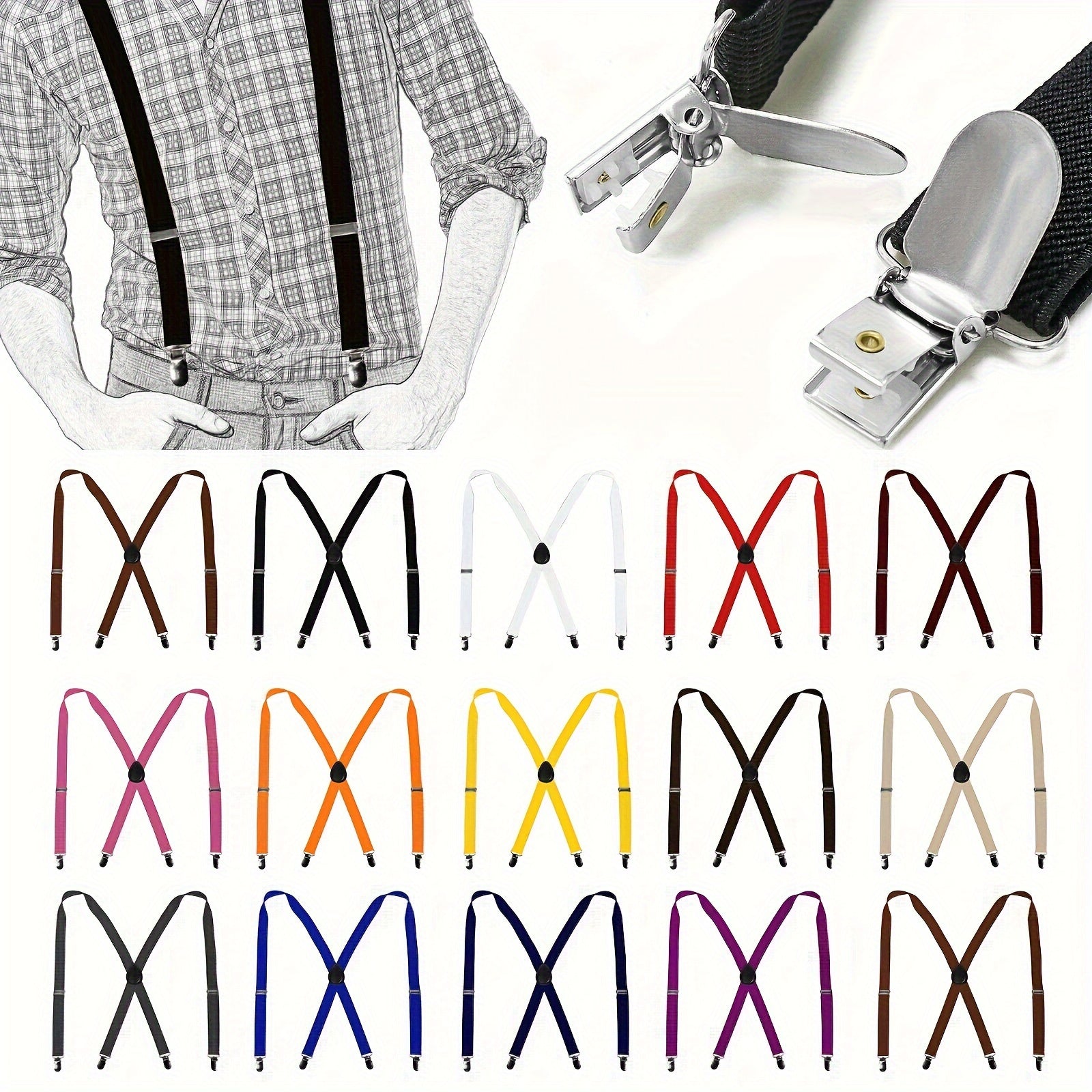 Men's Black X-Back 4-Clip Suspender with Adjustable Elastic Straps and Metal Clips