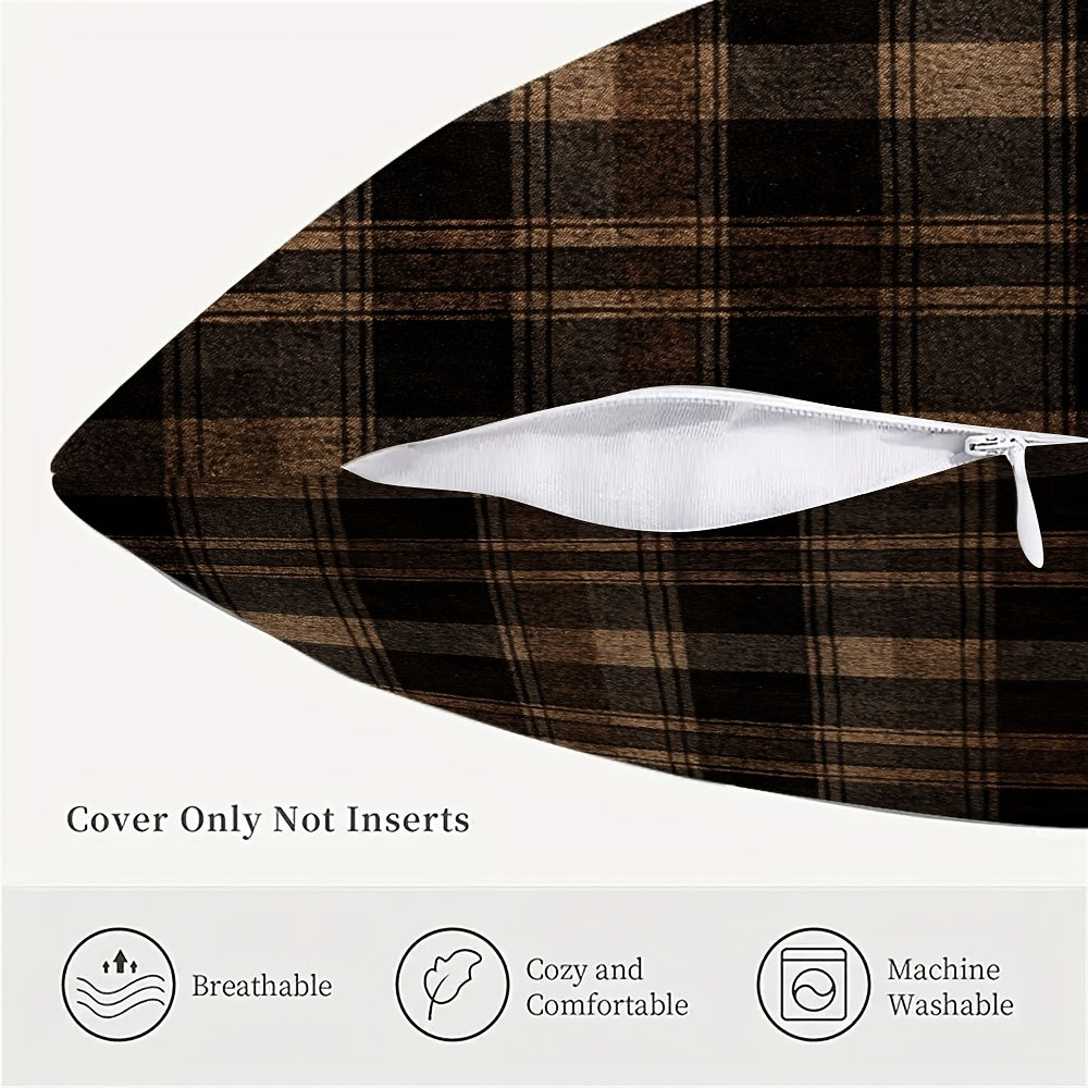 Dark Brown Plaid Pillow Cover with Hidden Zipper Polyester Fabric for Sofa and Chair