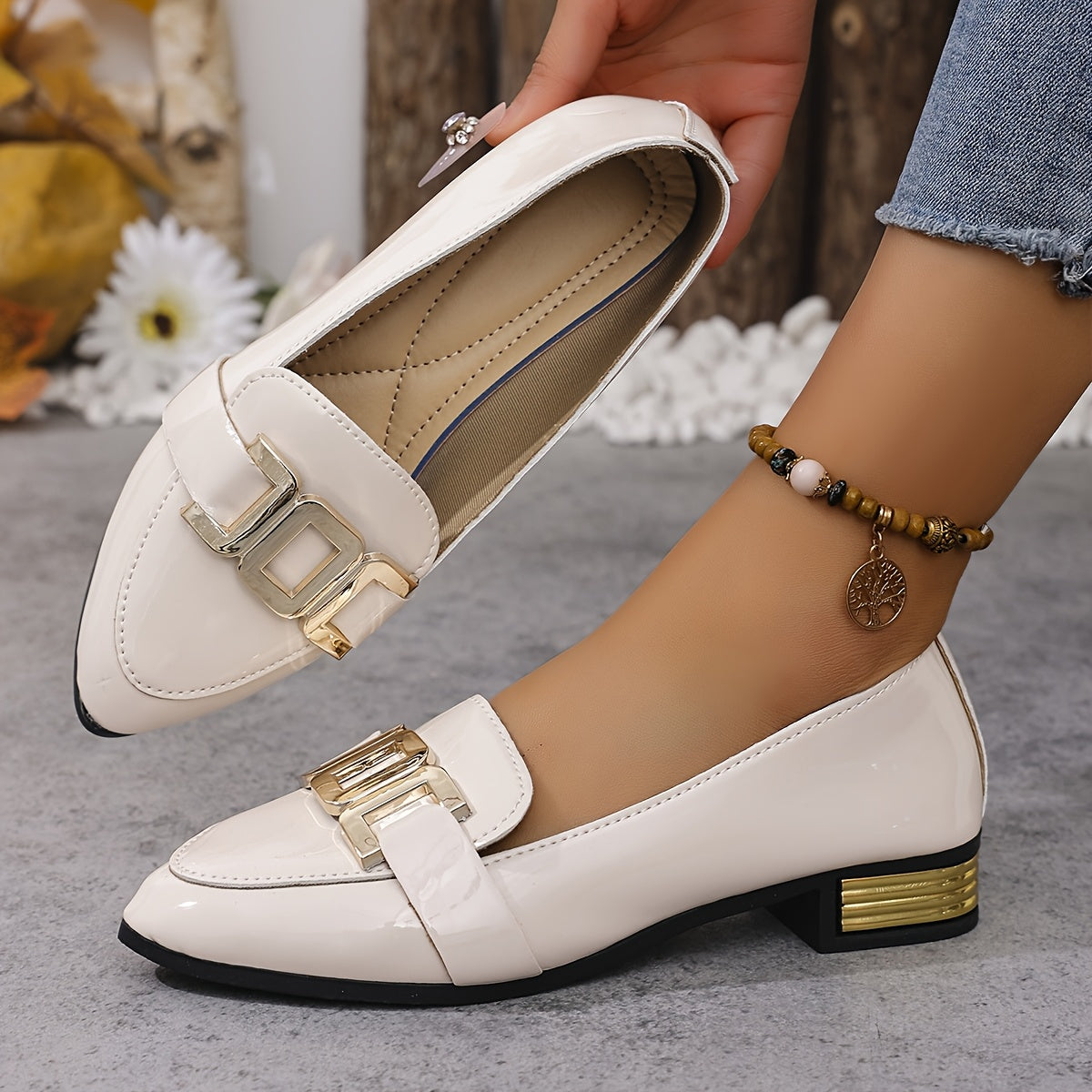 Women's White Pointed Toe Loafers with Metallic Buckle Synthetic Shoes
