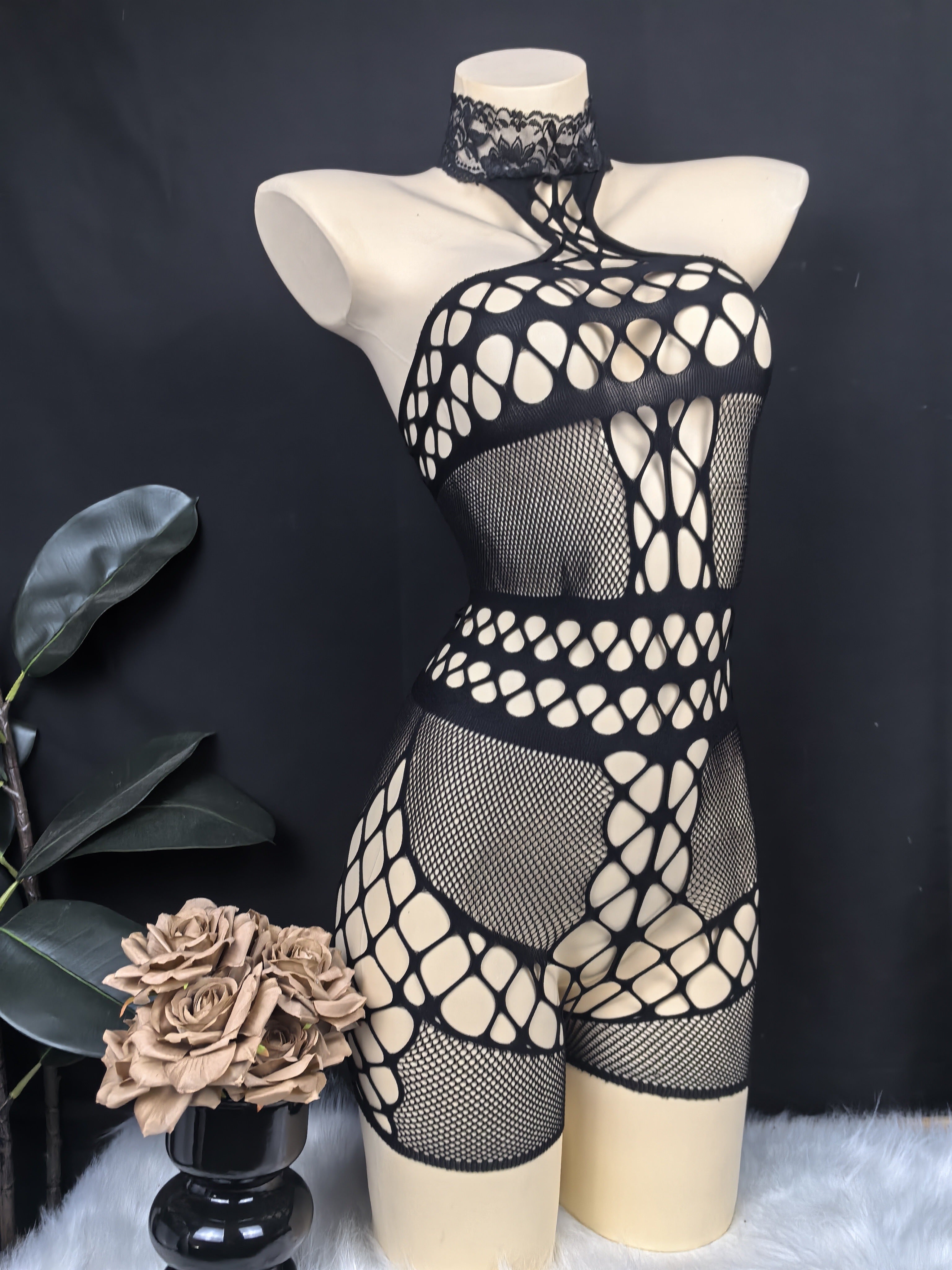 Women's Mesh Bodysuit with Hollow-Out Design and Low Support