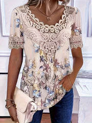 Women's Plus Size Floral Print Lace Trim Blouse Short Sleeve Summer Top