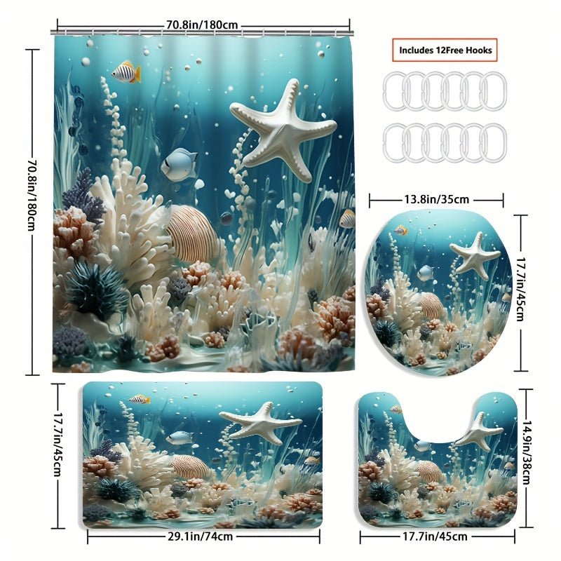 Koʻk koral bosma dush pardasi toʻplami, suv oʻtkazmaydigan pardali mato va ganchlar bilan