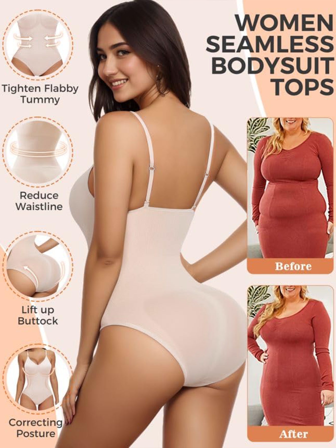 Body de control de abdomen sin costuras para mujer talla grande beige burdeos