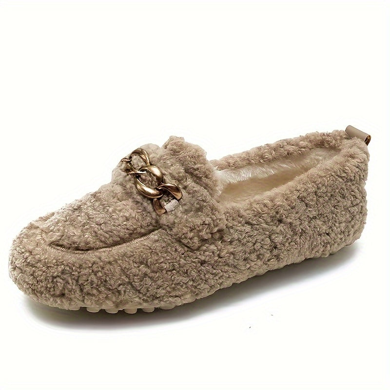 Women's Cozy Slip-On Winter Shoes with Golden Chain Black Beige Indoor Outdoor