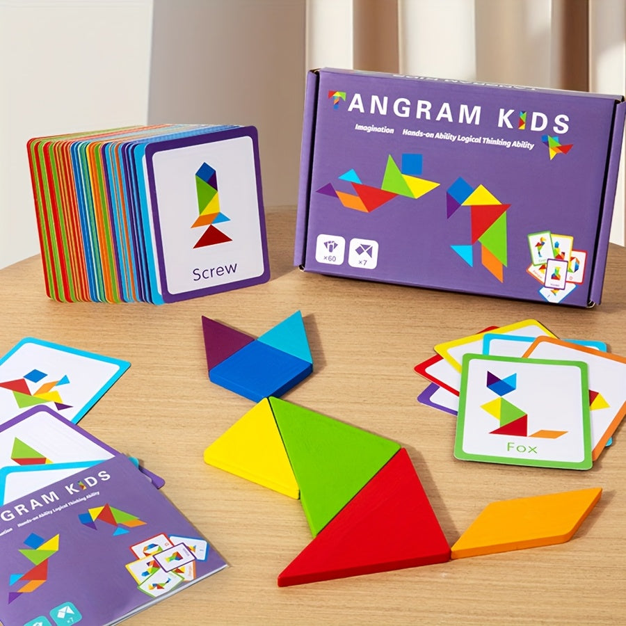 Gran juguete de rompecabezas de tangram de partículas de madera para niños de 3 años en adelante con colores mezclados