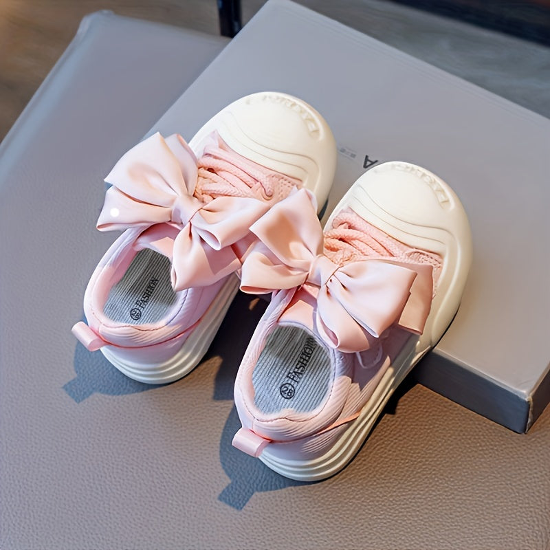 Kids Girls Canvas Sneakers Lace-Up Casual Shoes with Rubber Sole and Bow Detail