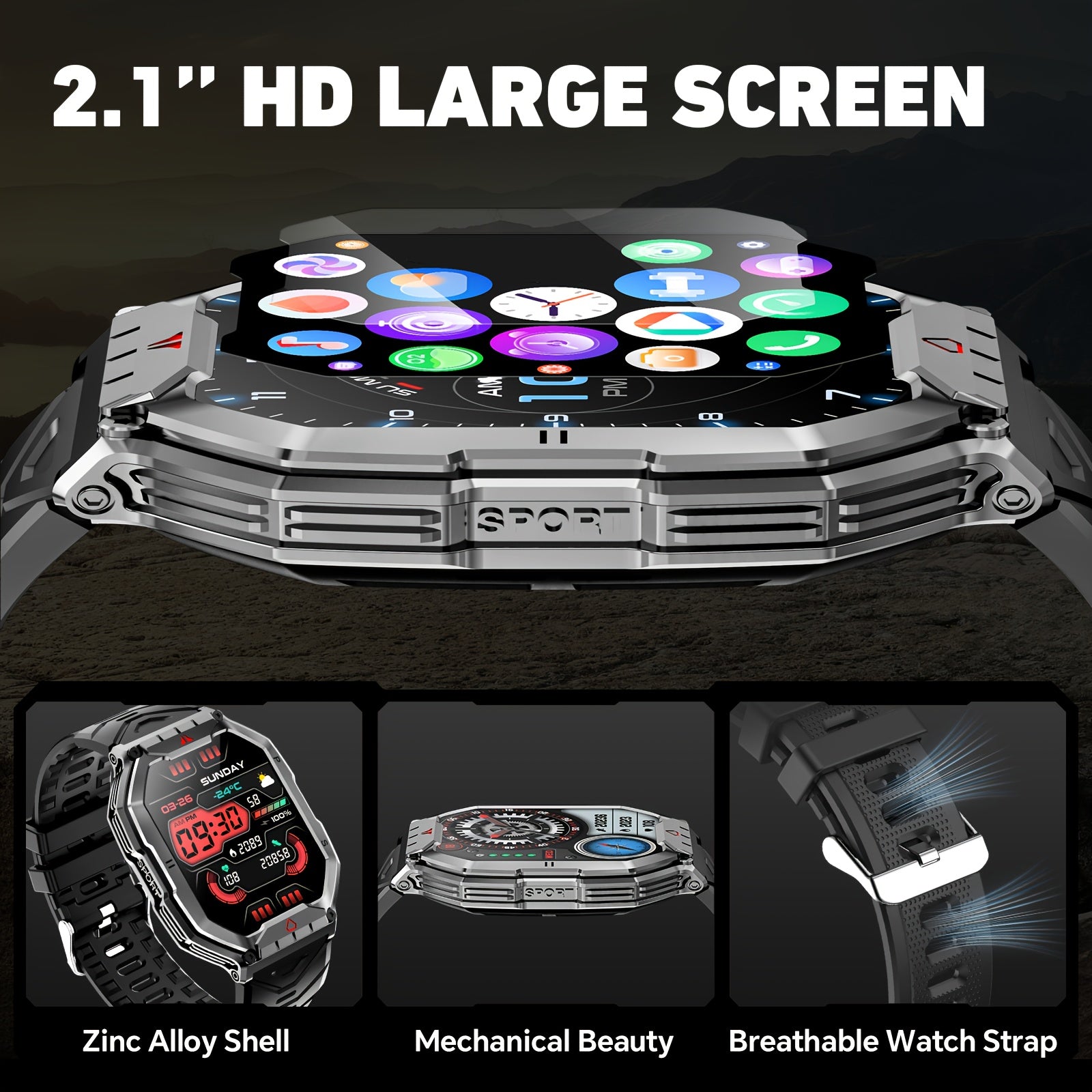 Мужские умные часы с полным сенсорным экраном 2,1 дюйма, фитнес-трекером и беспроводными звонками