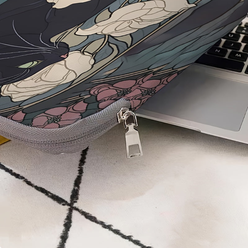 Qora mushuk va peonylar noutbuk qopqogʻi 38cm zip yopilishi bosma polyester ofis kollej kundalik yoʻl