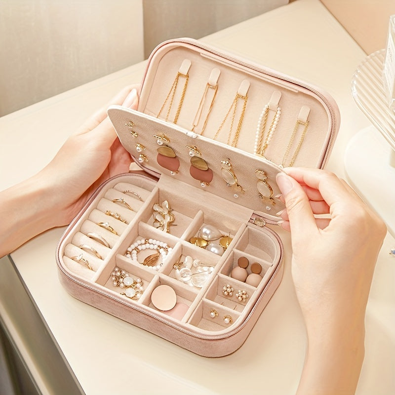 Organizador de joyas de terciopelo con cremallera, estuche de viaje con almacenamiento de tres niveles para pendientes, collares, anillos y relojes