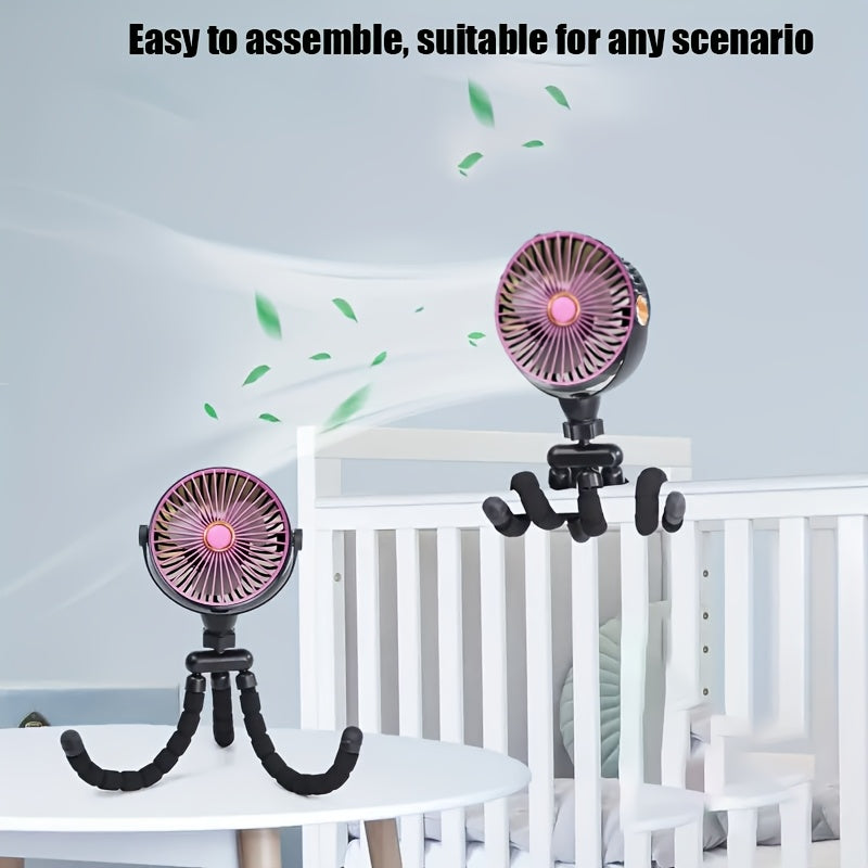 Portable Handheld Fan with Adjustable Tripod, 5-Speed, USB Rechargeable, Compact Folding Design